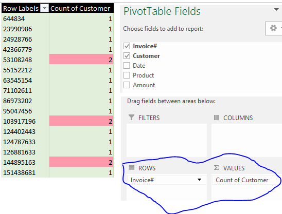 identify and remove duplicates in Excel using pivottables